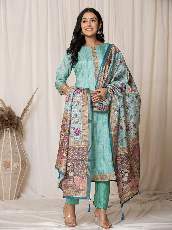 Cotton Sky Blue A-Line Kurta Dupatta Set-Yufta Store-7057SKDSBS