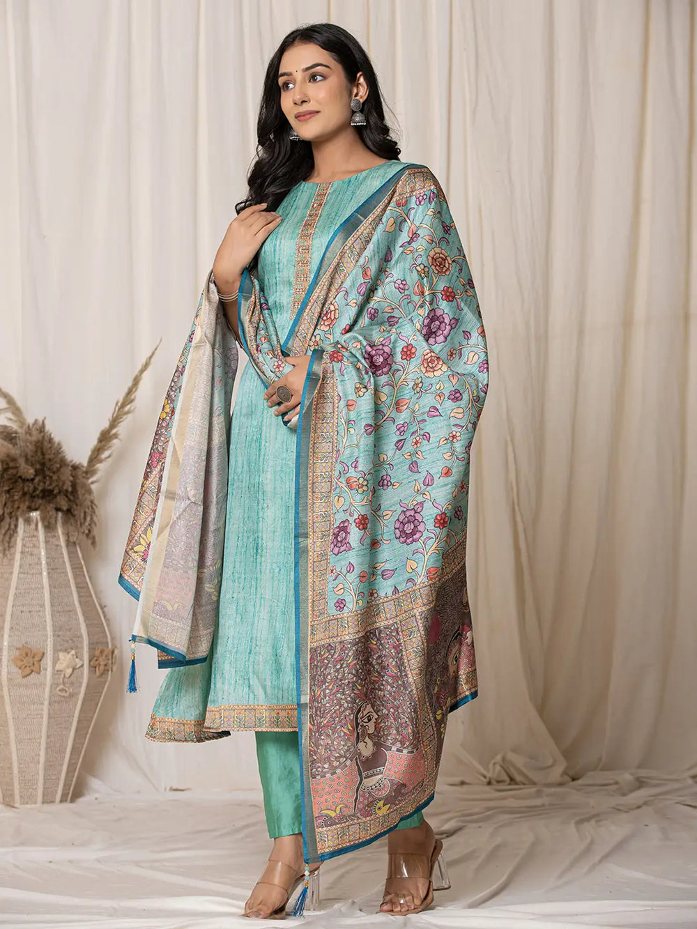 Cotton Sky Blue A-Line Kurta Dupatta Set-Yufta Store-7057SKDSBS