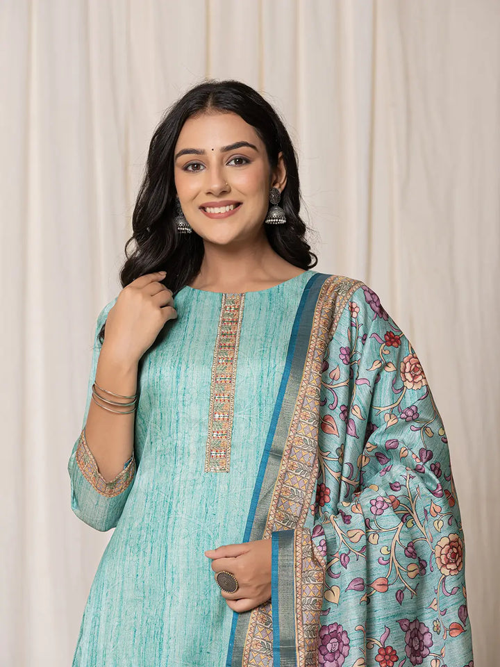 Cotton Sky Blue A-Line Kurta Dupatta Set-Yufta Store-7057SKDSBS