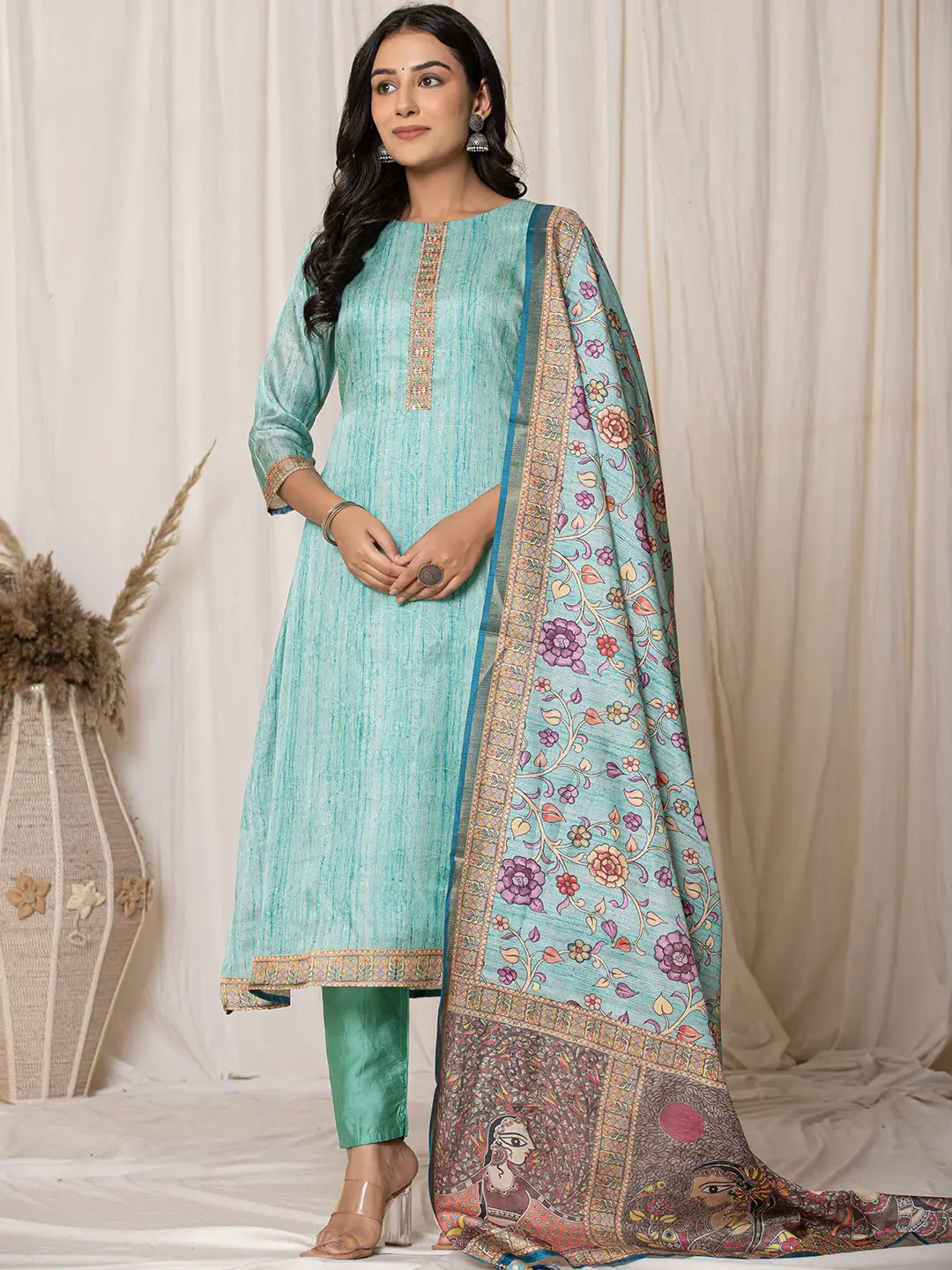 Cotton Sky Blue A-Line Kurta Dupatta Set-Yufta Store-7057SKDSBS