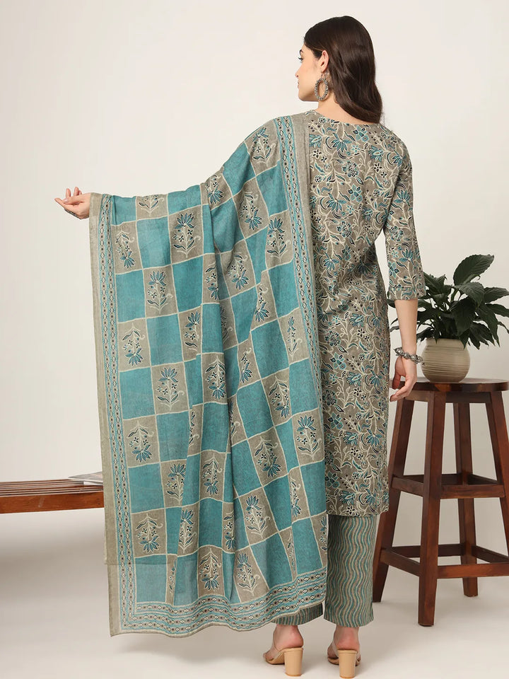Cotton Teal Blue And Grey Cotton Dori_Embroidery Kurta Dupatta Pant Set-Yufta Store-7352SKDTBM