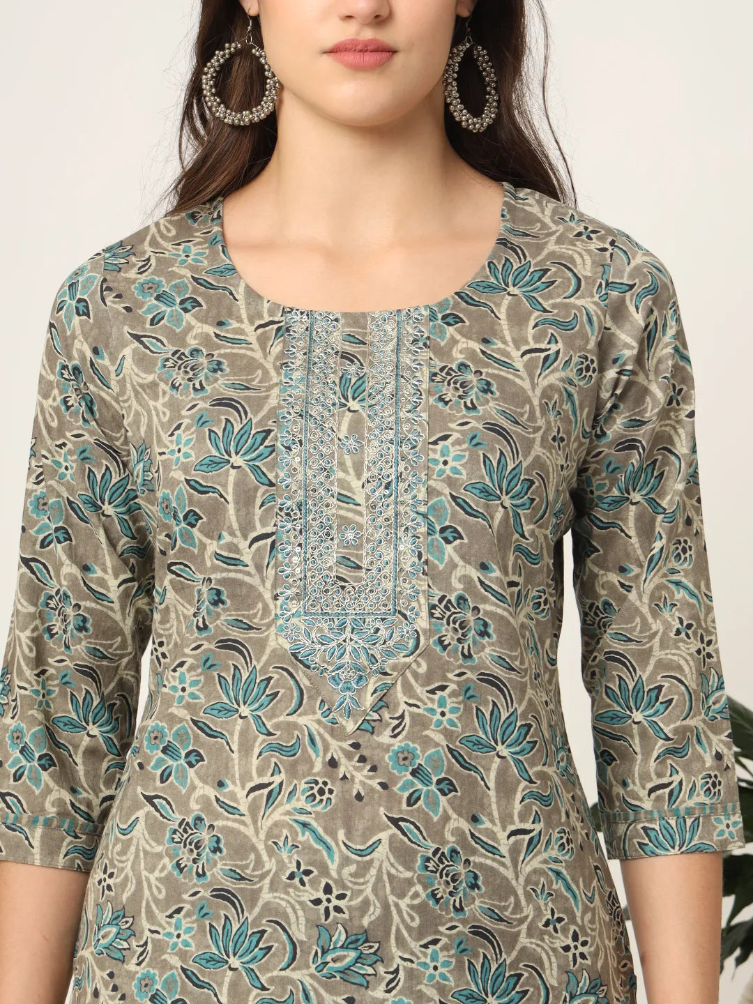 Cotton Teal Blue And Grey Cotton Dori_Embroidery Kurta Dupatta Pant Set-Yufta Store-7352SKDTBM