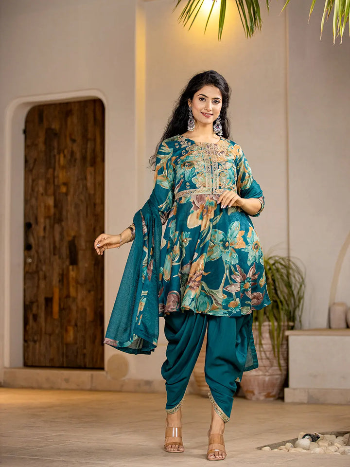 Cotton Teal Blue Zari_Work Kurta Dhoti Dupatta Set-Yufta Store-1921SKDTBS