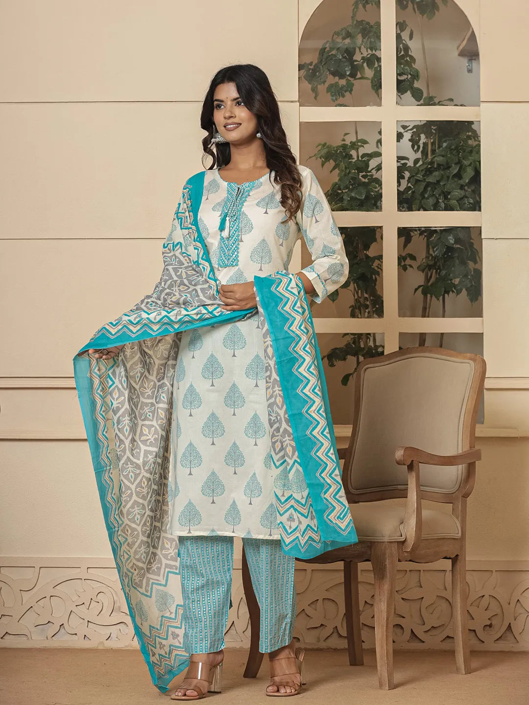 Cotton Turquoise Blue And White Kurta Dupatta Set-Yufta Store-6957SKDTBS