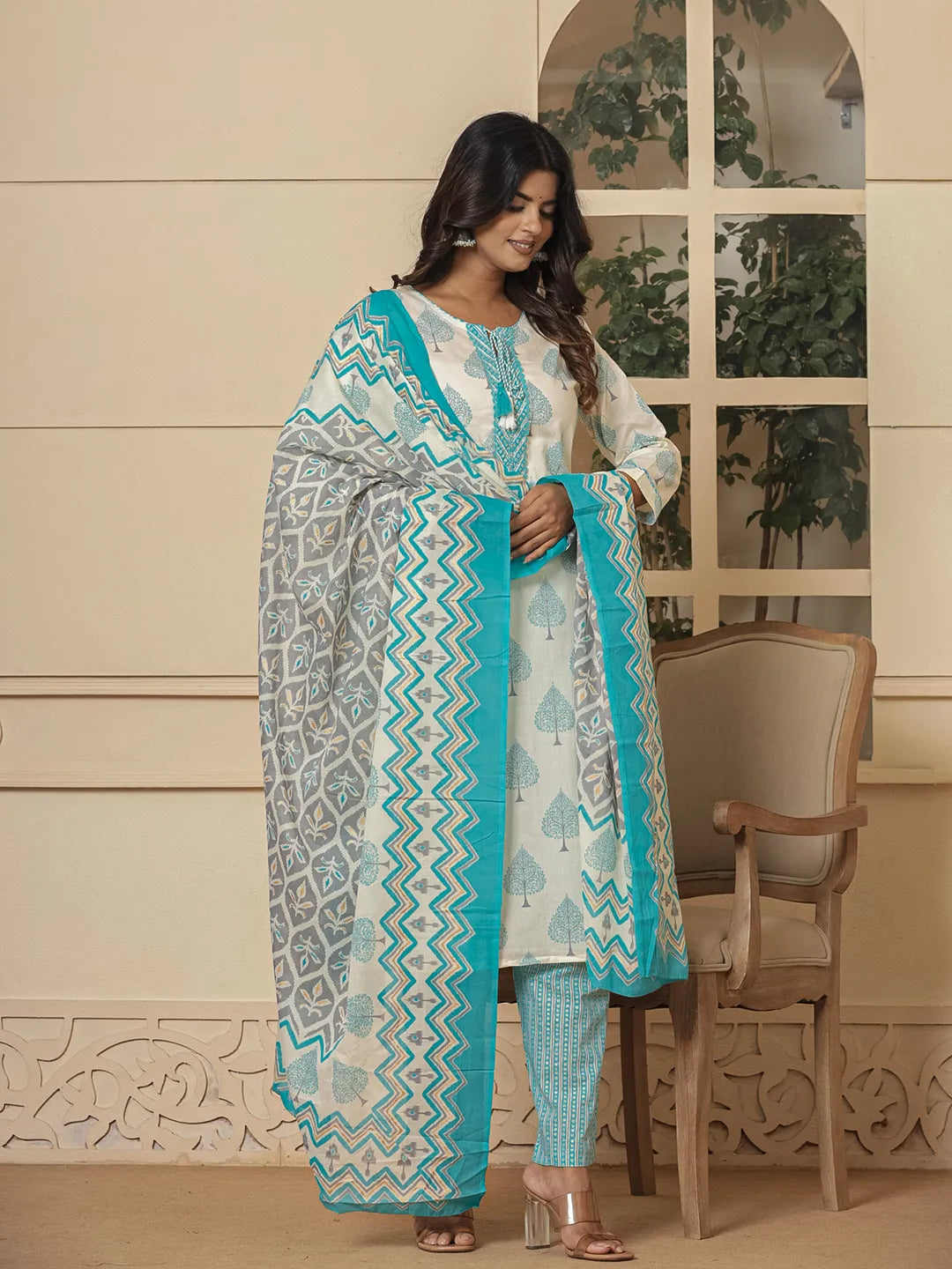 Cotton Turquoise Blue And White Kurta Dupatta Set-Yufta Store-6957SKDTBS