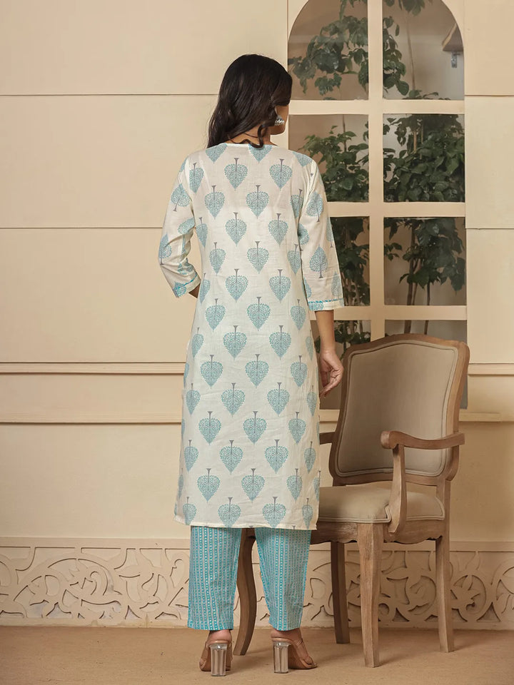 Cotton Turquoise Blue And White Kurta Dupatta Set-Yufta Store-6957SKDTBS