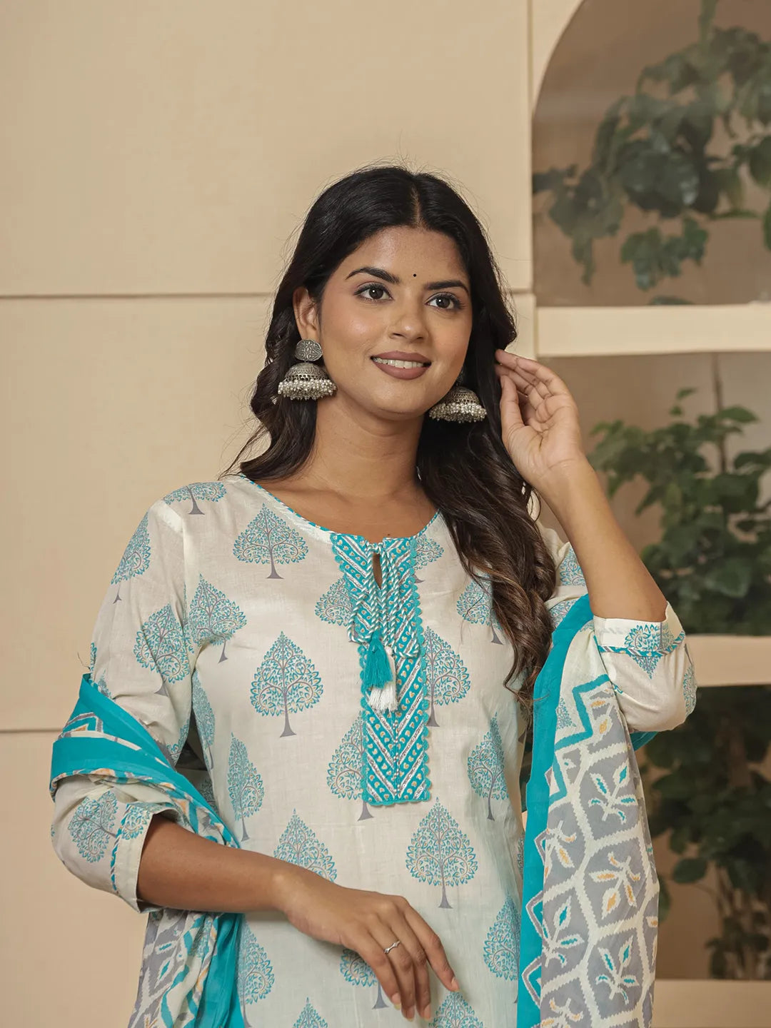 Cotton Turquoise Blue And White Kurta Dupatta Set-Yufta Store-6957SKDTBS