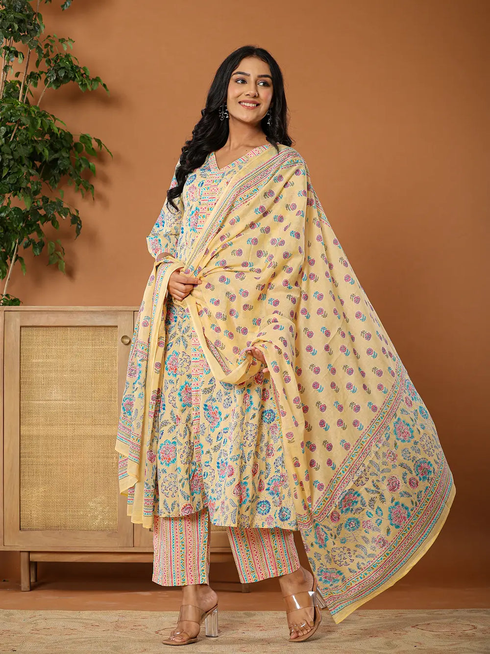 cotton yellow kurta dupatta set-Yufta Store-6016SKDYLS