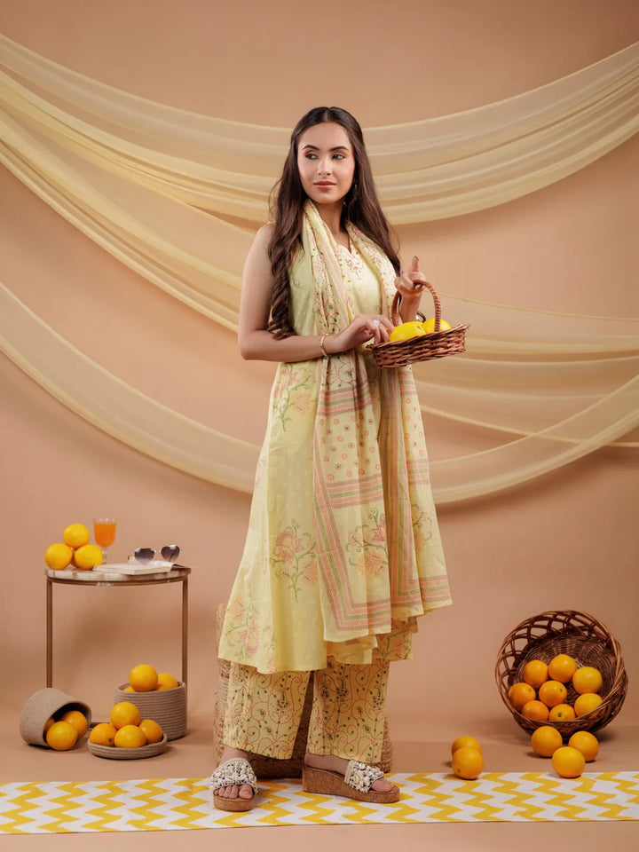 Cotton Yellow Sleeveless Kurta Dupatta Set-Yufta Store-7043SKDYLS