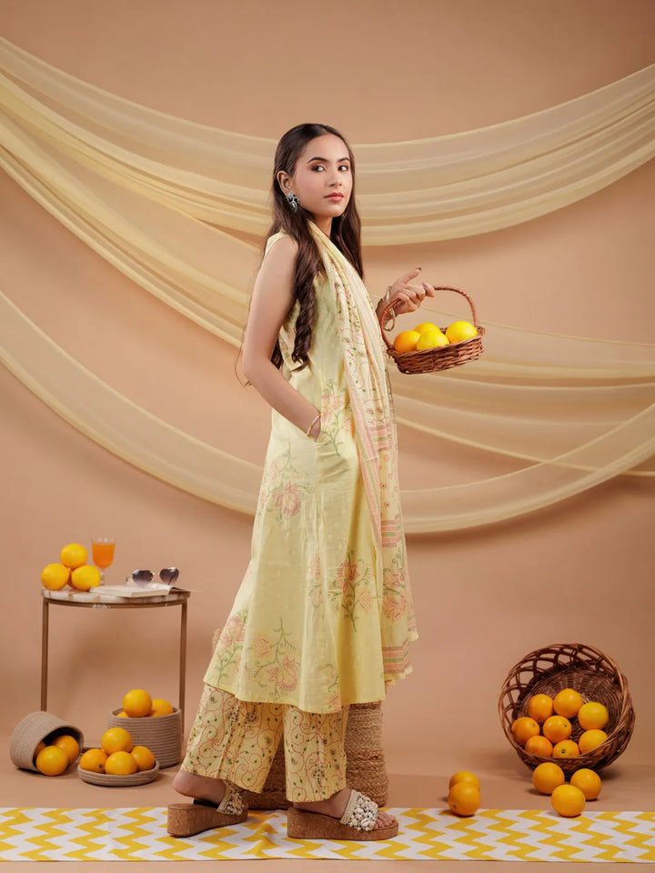 Cotton Yellow Sleeveless Kurta Dupatta Set-Yufta Store-7043SKDYLS