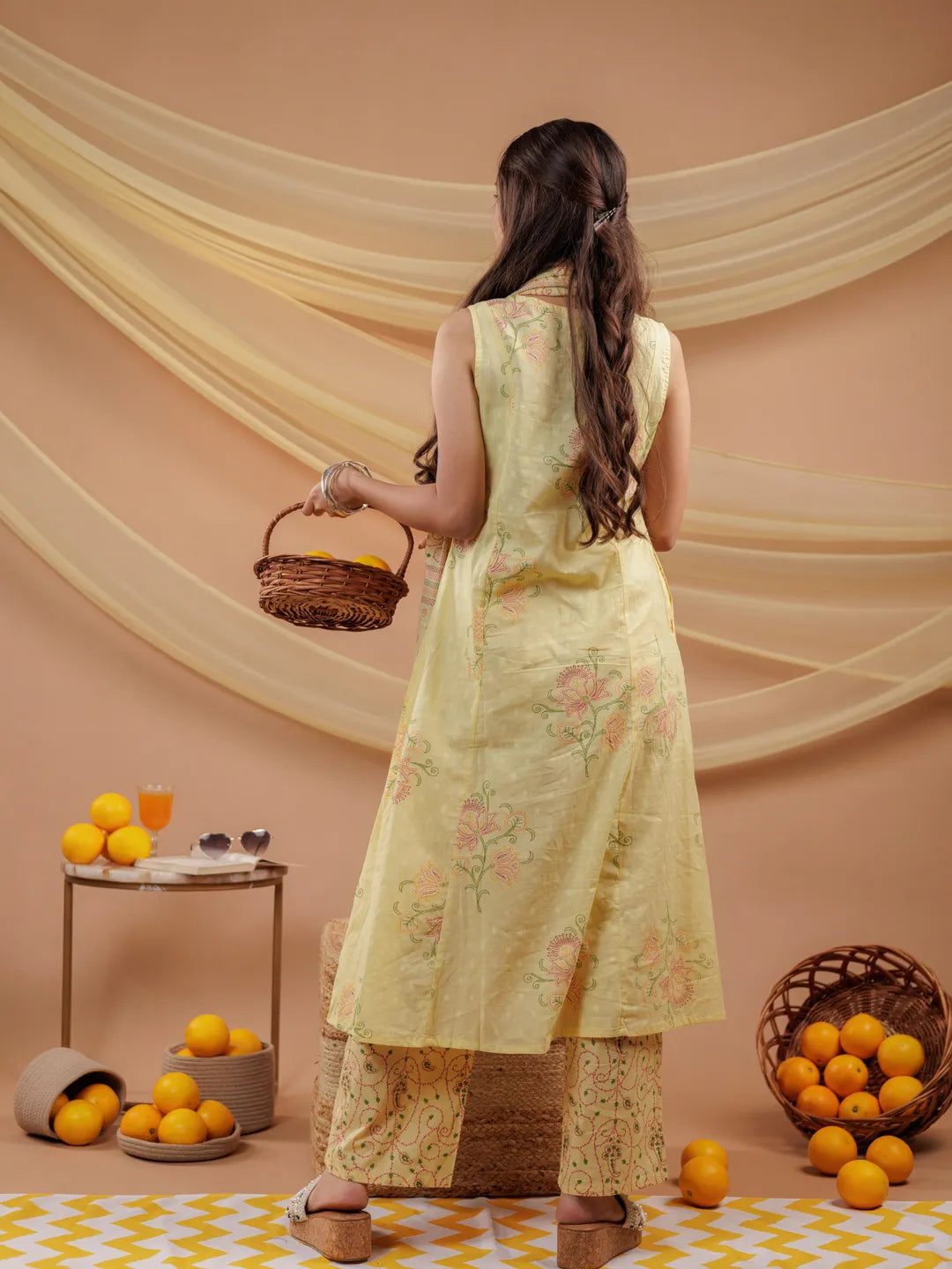 Cotton Yellow Sleeveless Kurta Dupatta Set-Yufta Store-7043SKDYLS