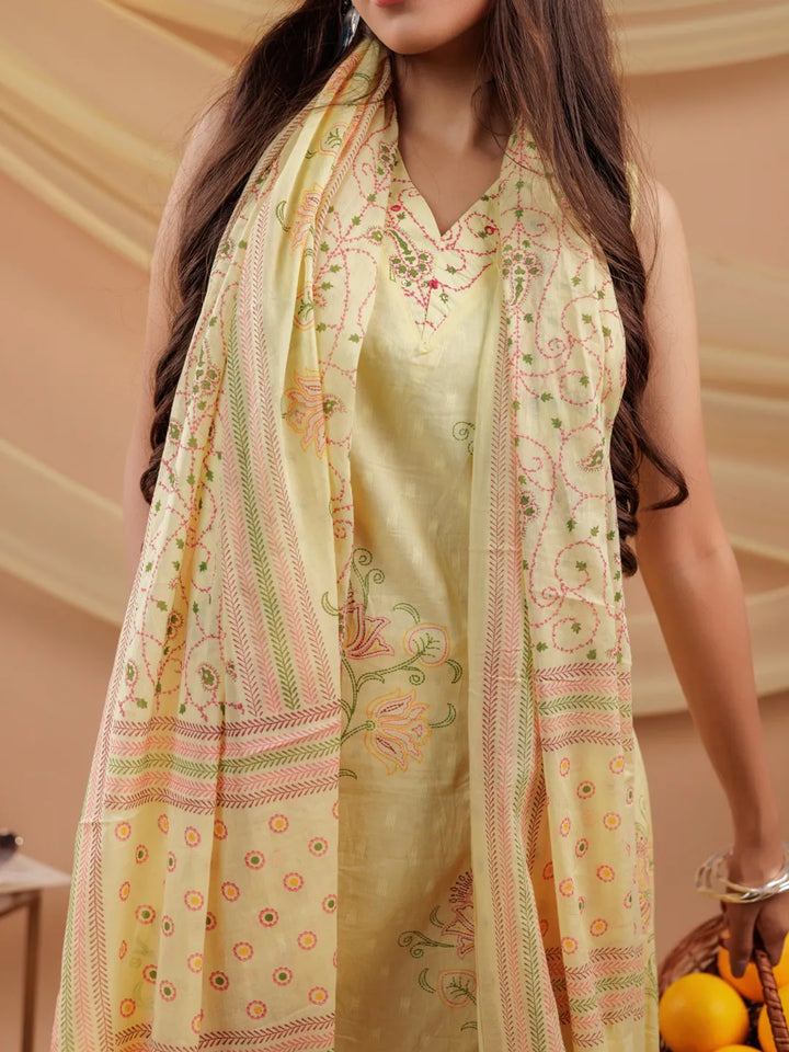 Cotton Yellow Sleeveless Kurta Dupatta Set-Yufta Store-7043SKDYLS