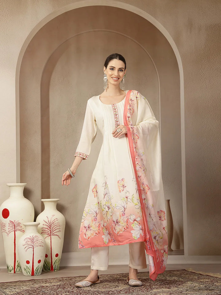 Cream And Peach Mul Chanderi Silk Floral Print Anarkali Kurta Trouser Dupatta Set