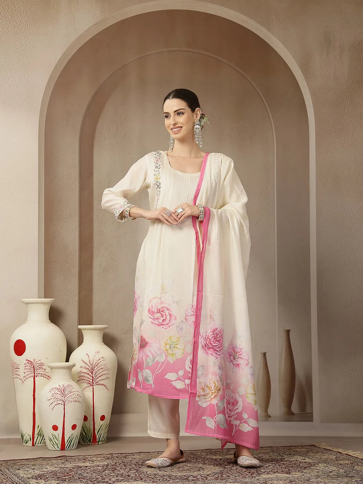 Cream And Pink Chanderi Silk Embroidery Straight Kurta Trouser Dupatta Se