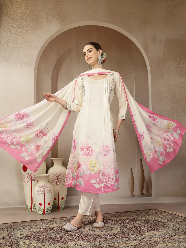 Cream And Pink Chanderi Silk Embroidery Straight Kurta Trouser Dupatta Se