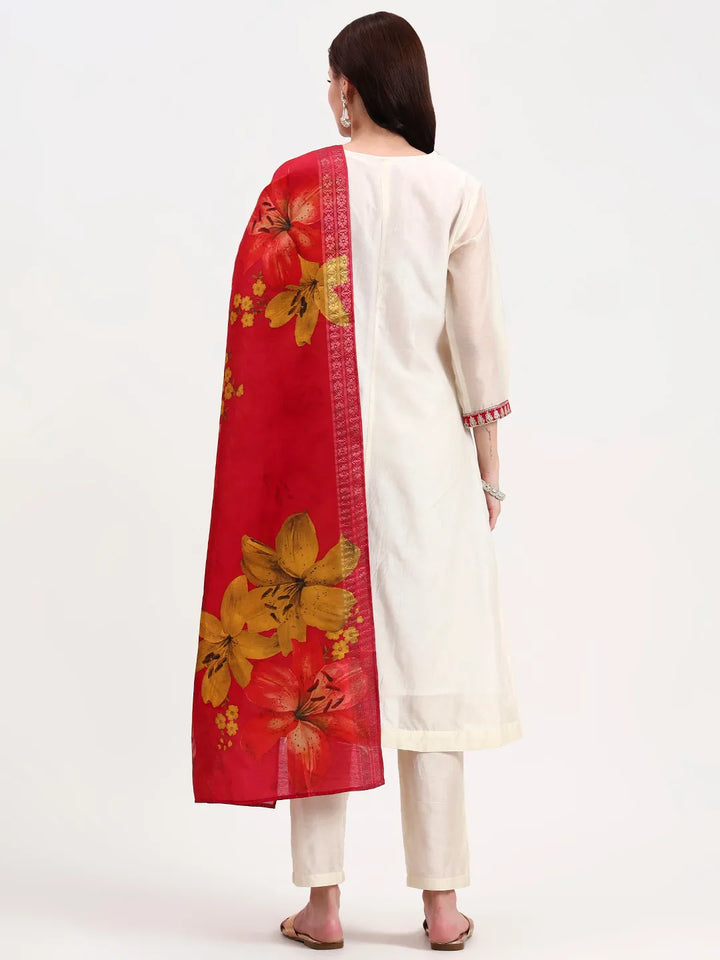 Cream Chanderi A Line Dori Embroidery Kurta Set With Pant And Dupatta