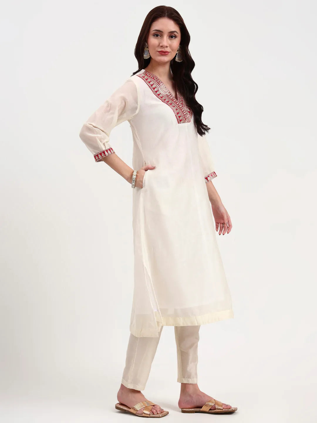 Cream Chanderi A Line Dori Embroidery Kurta Set With Pant And Dupatta