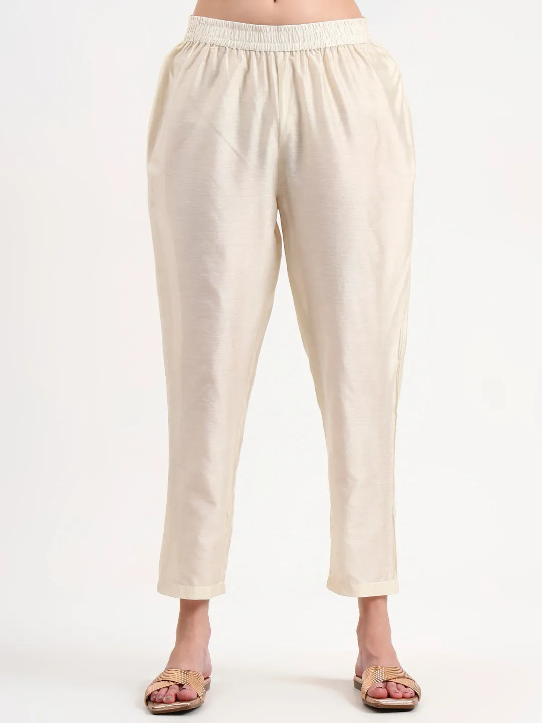 Cream Chanderi A Line Dori Embroidery Kurta Set With Pant And Dupatta