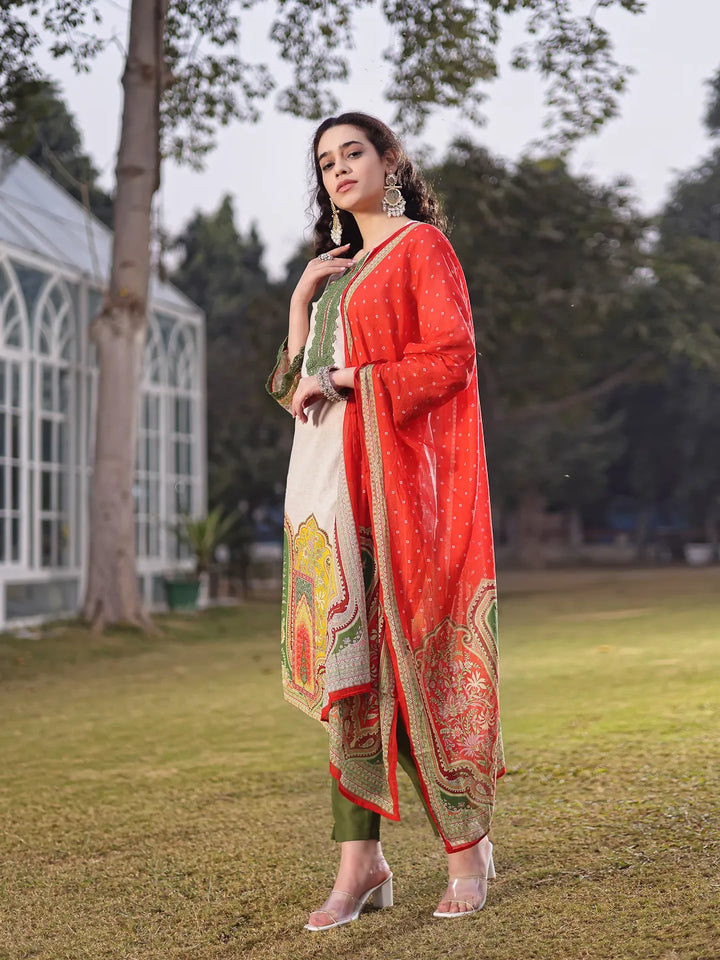 Cream Cotton Pakistani Straight Kurta Trouser Dupatta Set-Yufta Store-6581SKDWHM