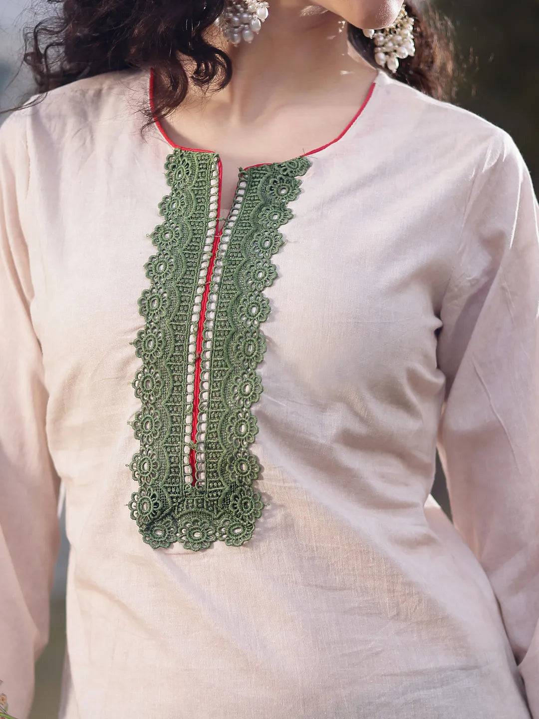 Cream Cotton Pakistani Straight Kurta Trouser Dupatta Set-Yufta Store-6581SKDWHM