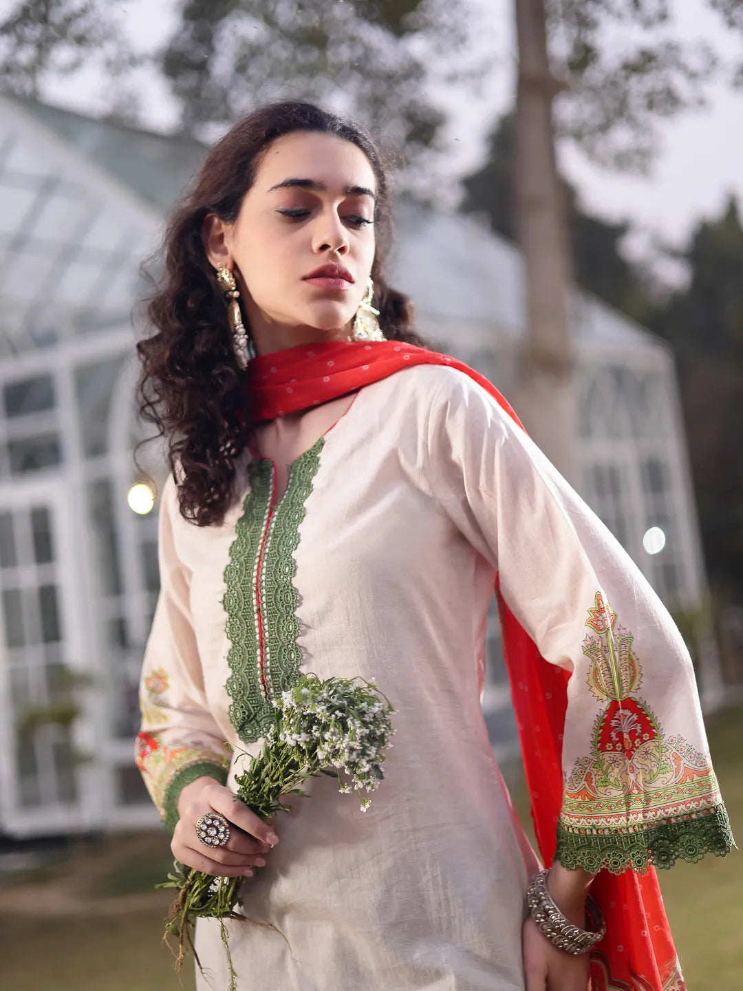 Cream Cotton Pakistani Straight Kurta Trouser Dupatta Set-Yufta Store-6581SKDWHM