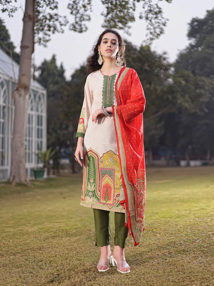 Cream Cotton Pakistani Straight Kurta Trouser Dupatta Set-Yufta Store-6581SKDWHM