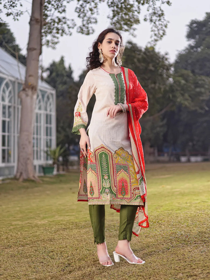 Cream Cotton Pakistani Straight Kurta Trouser Dupatta Set-Yufta Store-6581SKDWHM