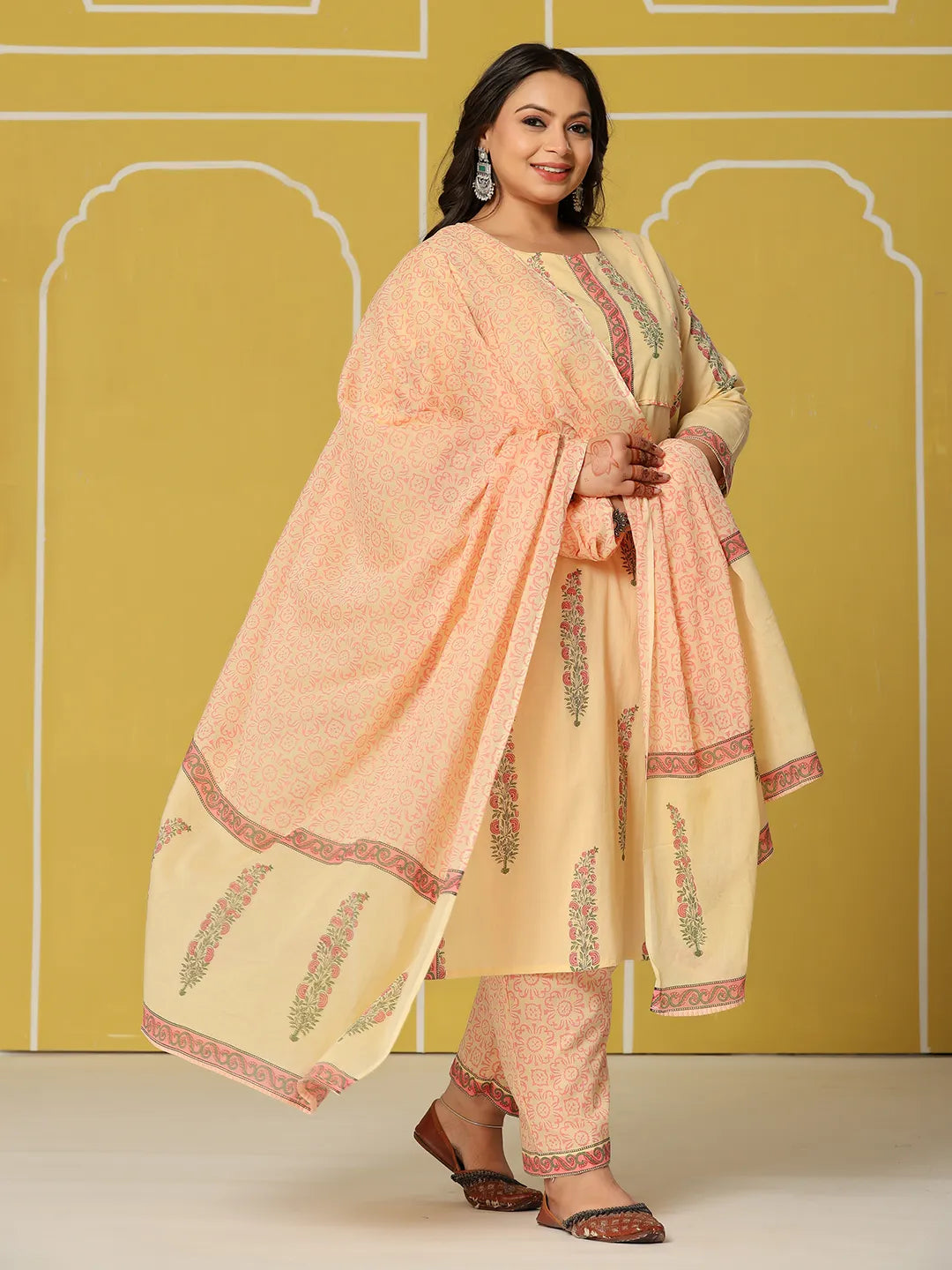 Cream Cotton Straight Plus Size Kurta Set-Yufta Store-6236PSKDCR3XL
