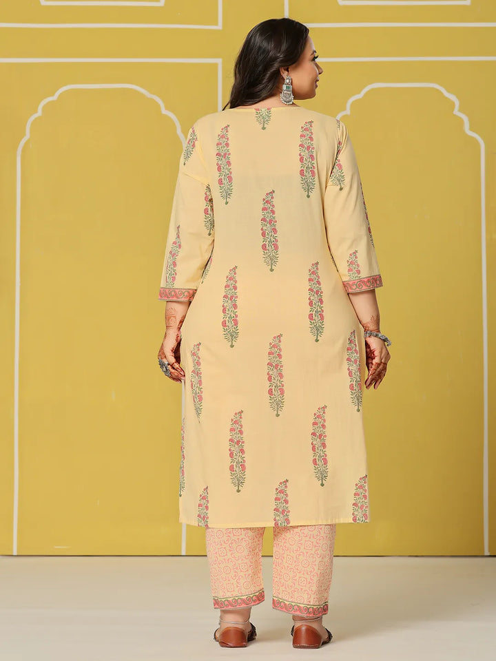 Cream Cotton Straight Plus Size Kurta Set-Yufta Store-6236PSKDCR3XL
