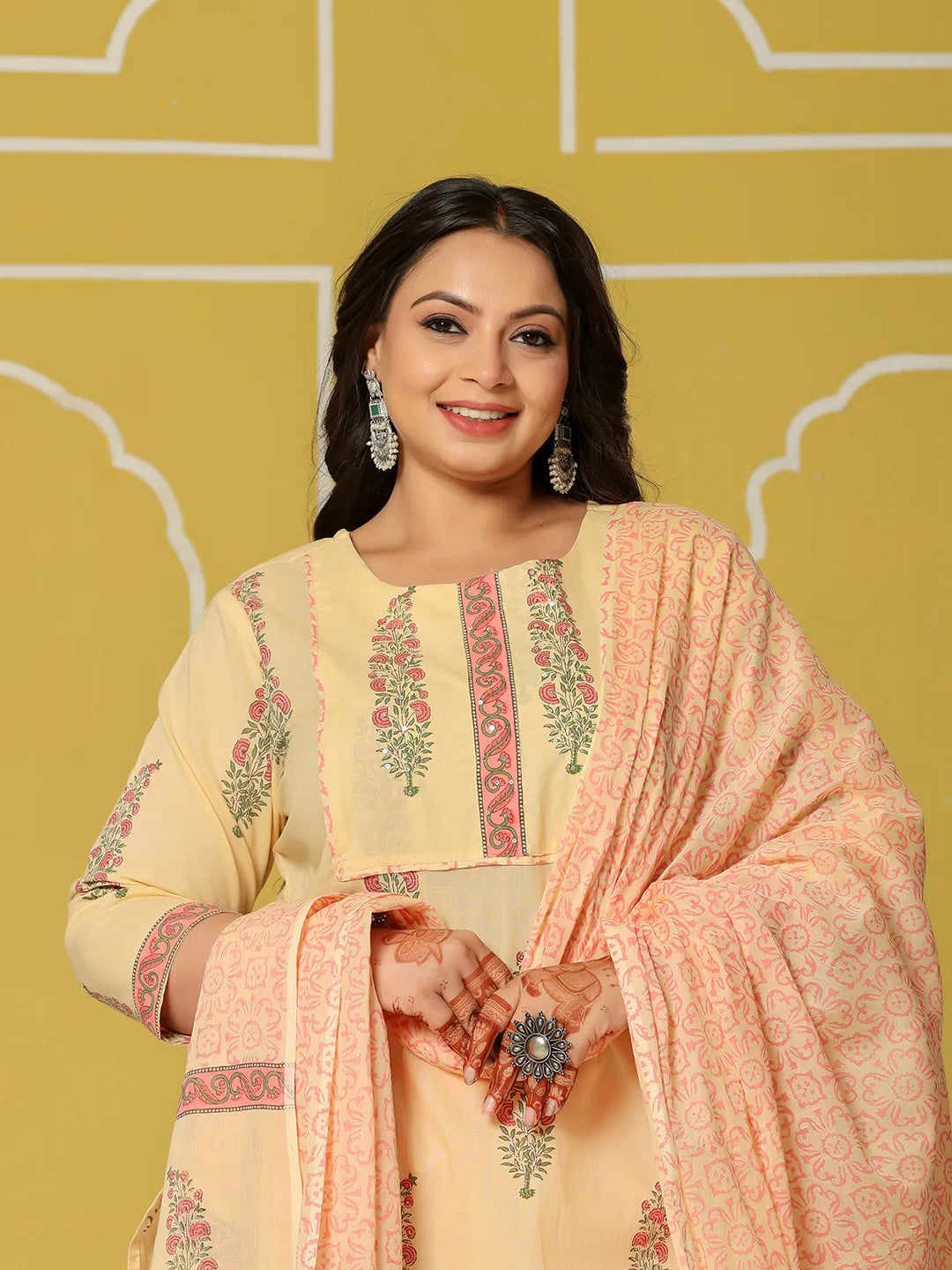 Cream Cotton Straight Plus Size Kurta Set-Yufta Store-6236PSKDCR3XL