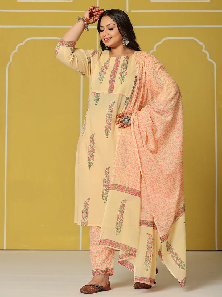 Cream Cotton Straight Plus Size Kurta Set-Yufta Store-6236PSKDCR3XL