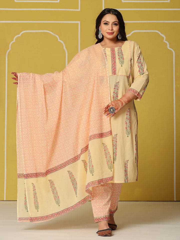 Cream Cotton Straight Plus Size Kurta Set-Yufta Store-6236PSKDCR3XL