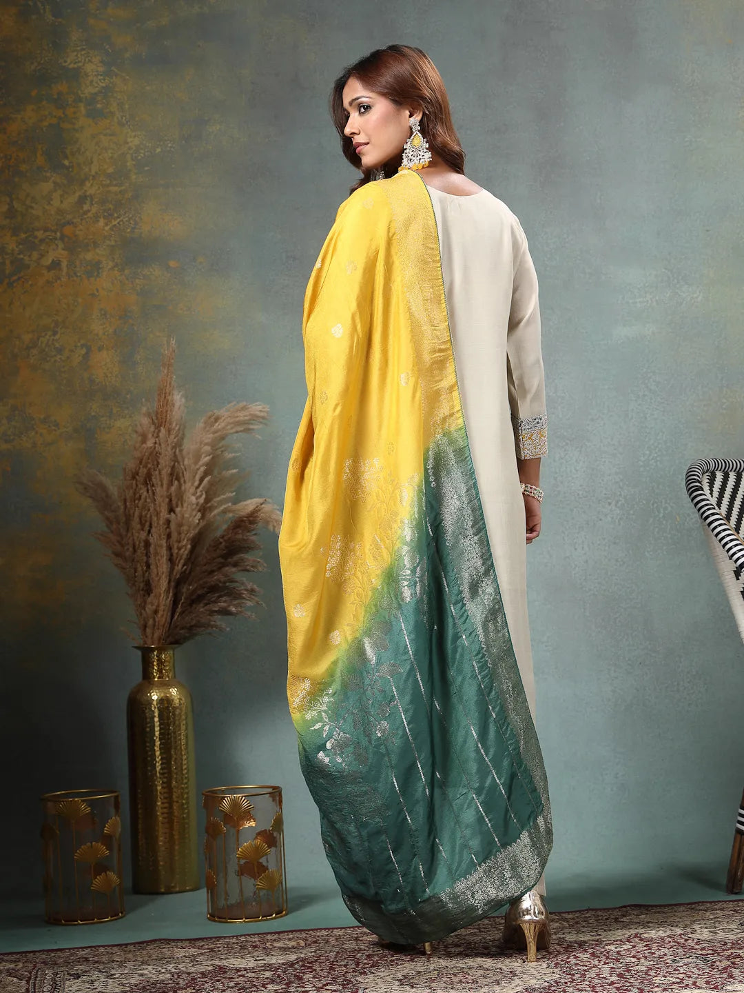 Cream Dori-Embroidery Straight Silk Blend Kurta Trouser Yellow And Green Dupatta Set-Yufta Store-6715SKDCRM