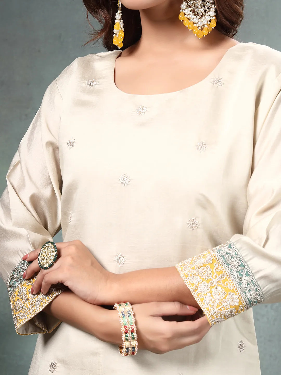 Cream Dori-Embroidery Straight Silk Blend Kurta Trouser Yellow And Green Dupatta Set-Yufta Store-6715SKDCRM