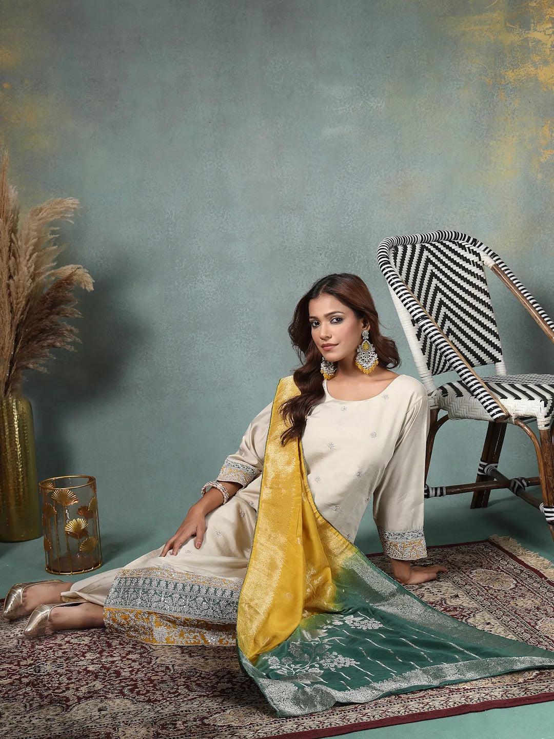 Cream Dori-Embroidery Straight Silk Blend Kurta Trouser Yellow And Green Dupatta Set-Yufta Store-6715SKDCRM