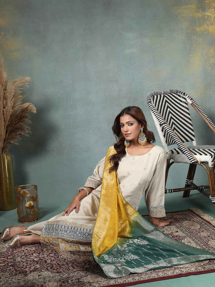 Cream Dori-Embroidery Straight Silk Blend Kurta Trouser Yellow And Green Dupatta Set-Yufta Store-6715SKDCRM