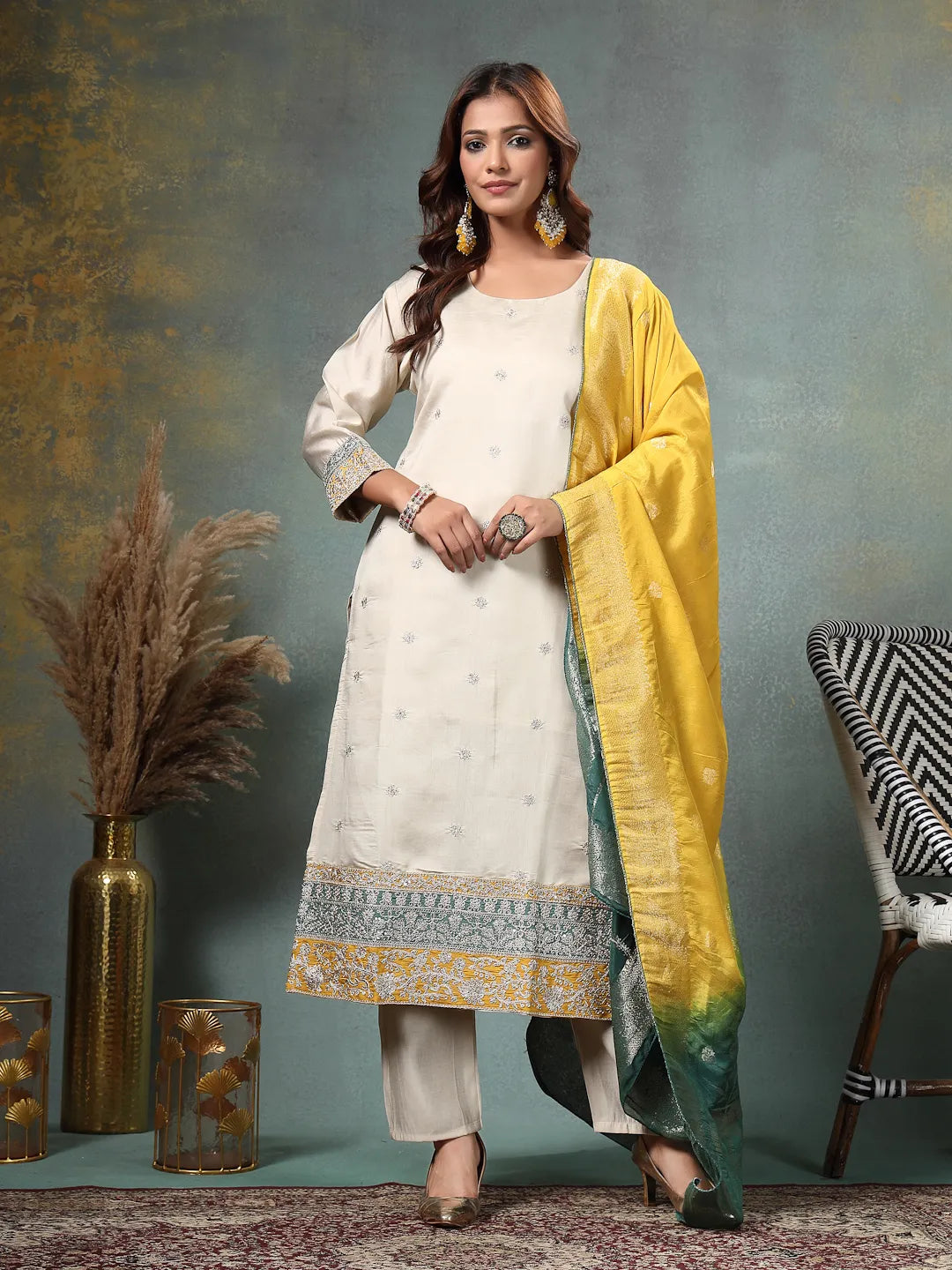 Cream Dori-Embroidery Straight Silk Blend Kurta Trouser Yellow And Green Dupatta Set-Yufta Store-6715SKDCRM