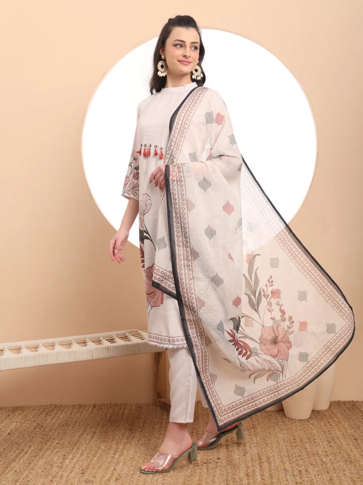 Cream Linen Cotton Straight Floral Tassels Work Kurta Dupatta Set-Yufta Store-6394SKDCRM