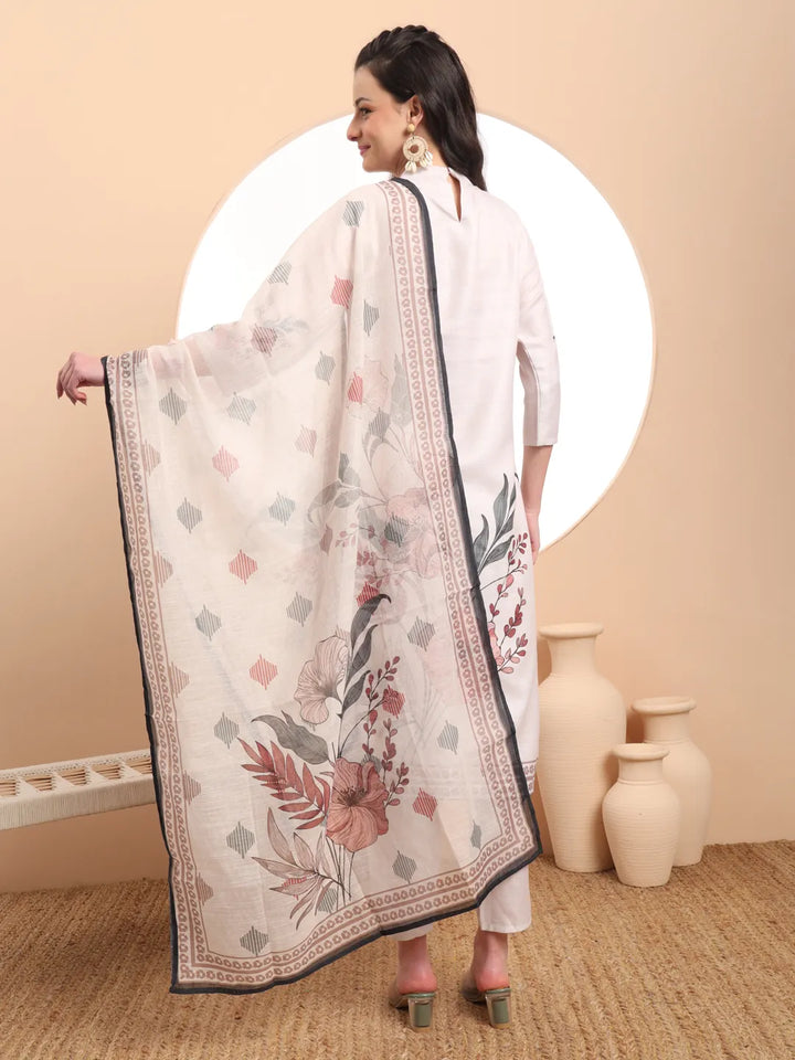 Cream Linen Cotton Straight Floral Tassels Work Kurta Dupatta Set-Yufta Store-6394SKDCRM