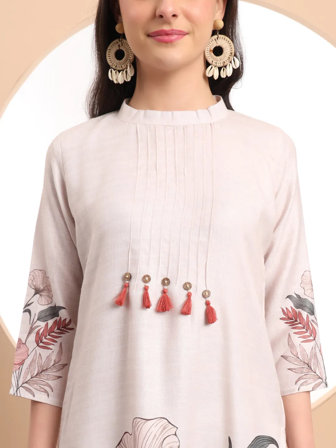 Cream Linen Cotton Straight Floral Tassels Work Kurta Dupatta Set-Yufta Store-6394SKDCRM
