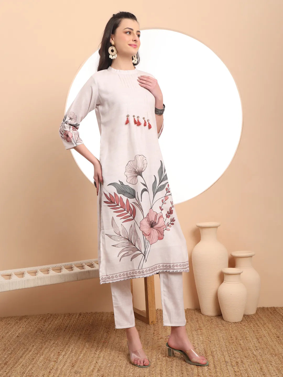 Cream Linen Cotton Straight Floral Tassels Work Kurta Dupatta Set-Yufta Store-6394SKDCRM