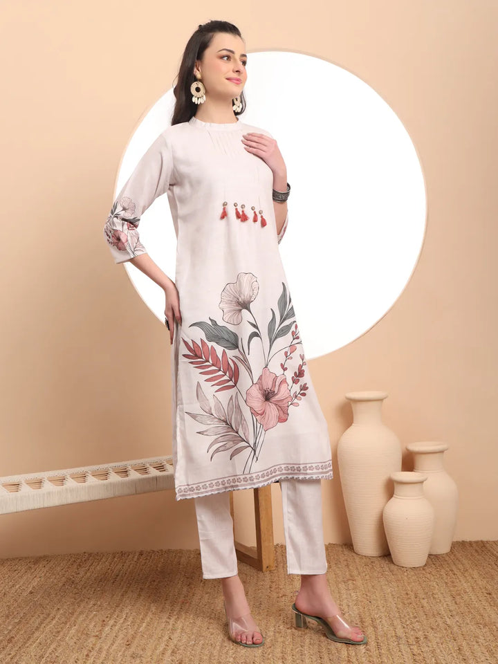 Cream Linen Cotton Straight Floral Tassels Work Kurta Dupatta Set-Yufta Store-6394SKDCRM