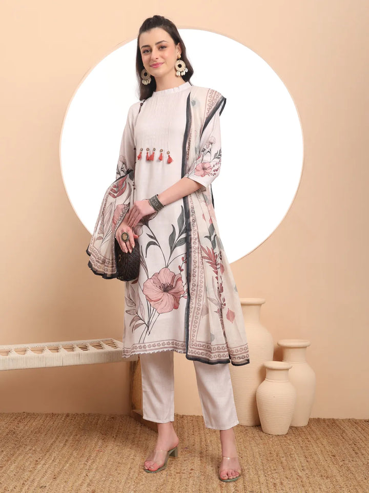 Cream Linen Cotton Straight Floral Tassels Work Kurta Dupatta Set-Yufta Store-6394SKDCRM