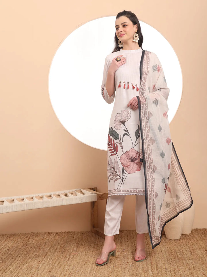 Cream Linen Cotton Straight Floral Tassels Work Kurta Dupatta Set-Yufta Store-6394SKDCRM