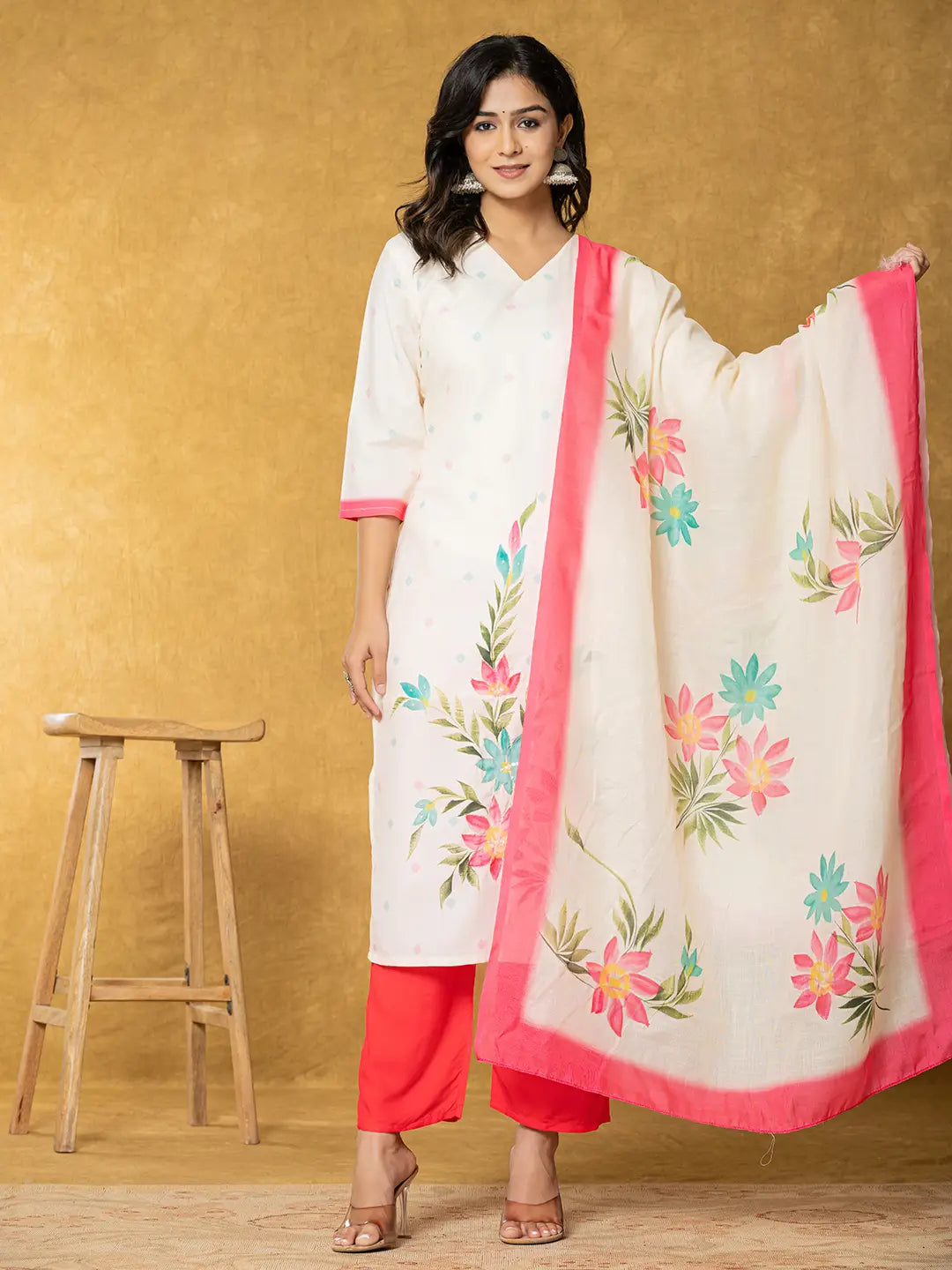 Cream Linen Floral Kurta Dupatta Pant Set-Yufta Store-7316SKDCRS