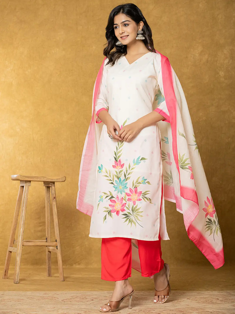 Cream Linen Floral Kurta Dupatta Pant Set-Yufta Store-7316SKDCRS