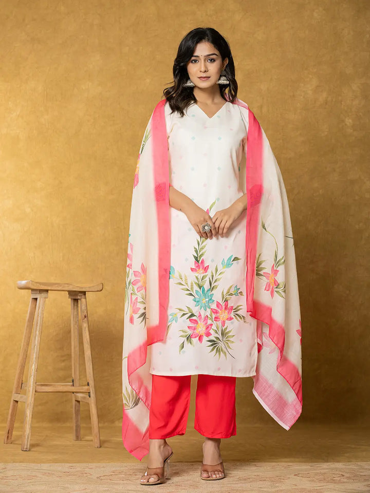 Cream Linen Floral Kurta Dupatta Pant Set-Yufta Store-7316SKDCRS