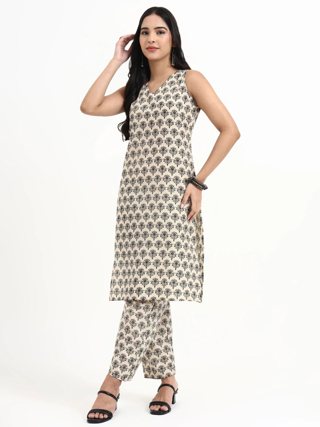Cream Printed Pure Cotton Straight Black Including Jacket-Style Co-Ord Set