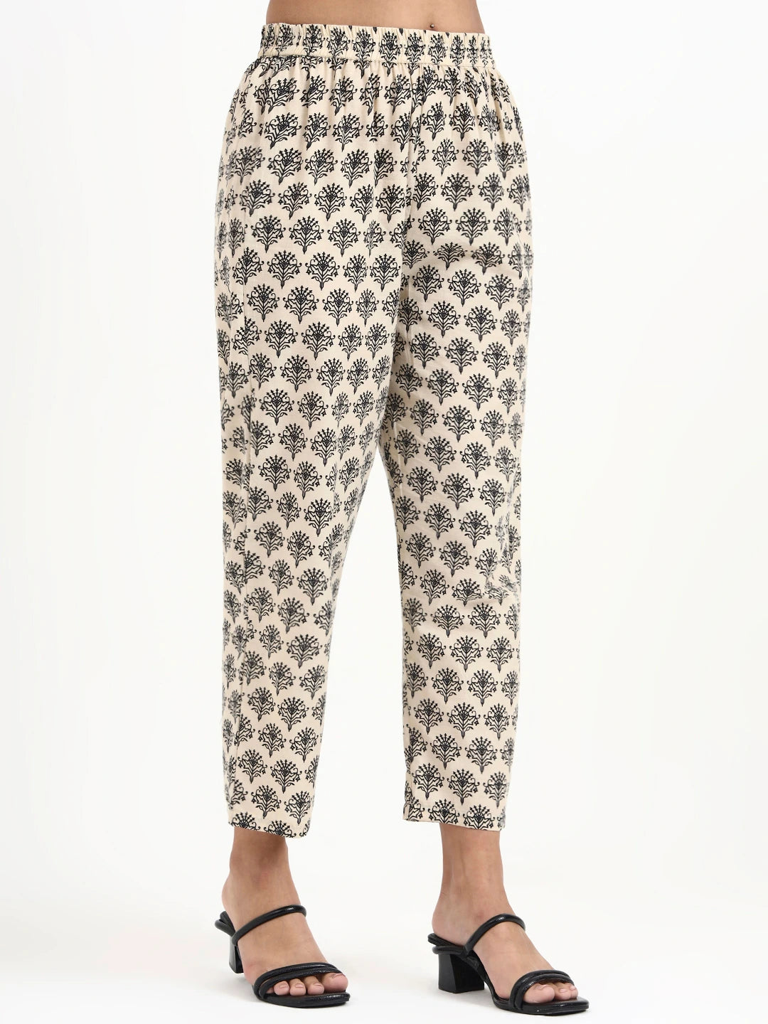 Cream Printed Pure Cotton Straight Black Including Jacket-Style Co-Ord Set