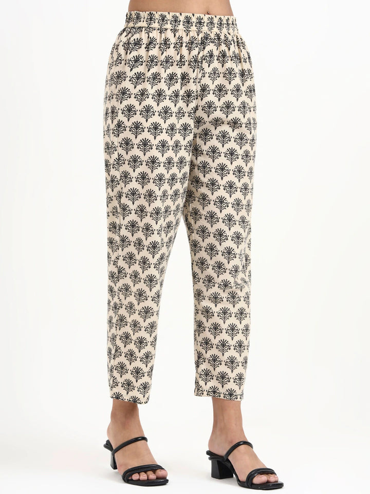 Cream Printed Pure Cotton Straight Black Including Jacket-Style Co-Ord Set
